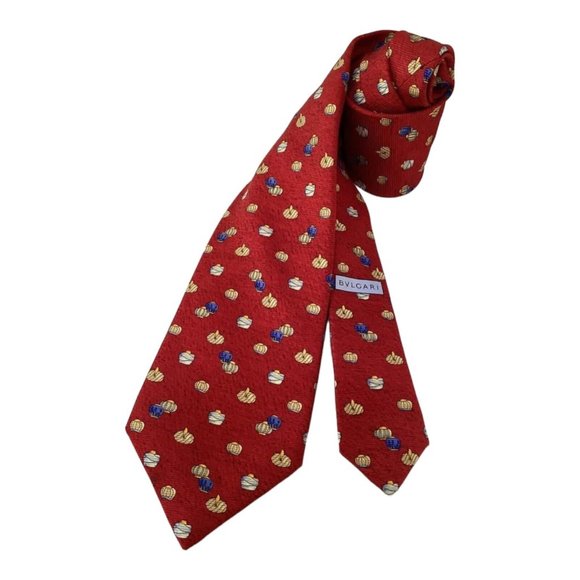BVLGARI Red  7 Folds Arabic Turban Print Silk Tie Made In Italy 60"-3".3/4 EX CD - Picture 1 of 9